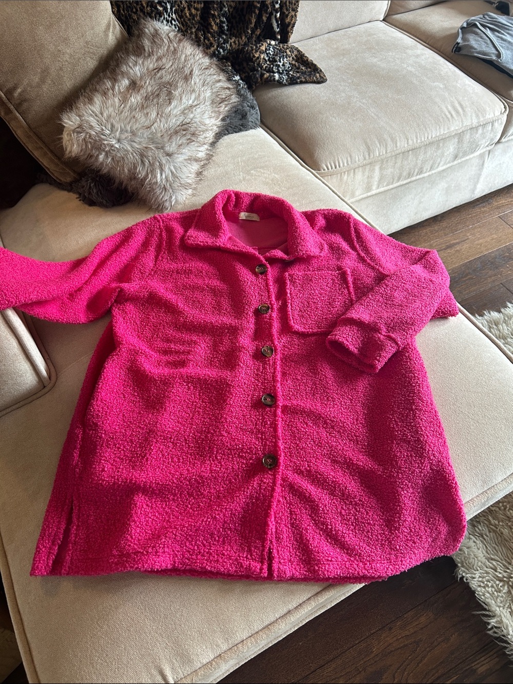 Bright Pink Button-Front Bouclé Shacket